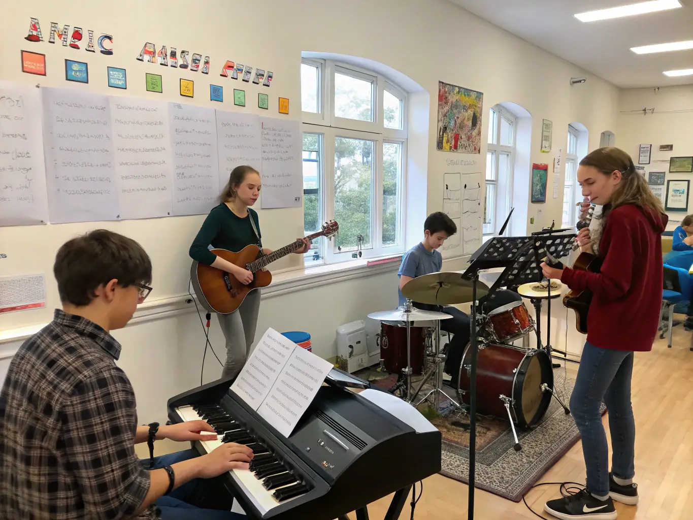A group of young people participating in a music workshop, playing various instruments and learning from an instructor, set in a vibrant and creative studio environment.