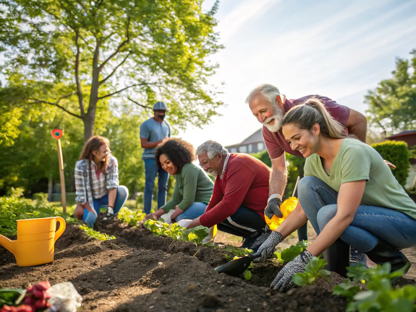 A diverse group of community members participating in a community garden project, planting vegetables and flowers together, fostering a sense of unity and collaboration.